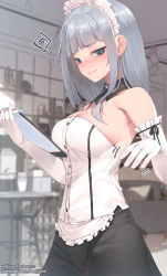Rule 34 | 1girl, apron, bare shoulders, blue eyes, blunt bangs, blurry, blurry background, blush, breasts, buttons, clipboard, closed mouth, commentary request, cowboy shot, detached collar, elbow gloves, frilled apron, frills, gloves, hands up, highres, holding, holding clipboard, indoors, jjune, large breasts, long hair, looking at viewer, maid headdress, original, shirt, silver hair, solo, spoken squiggle, squiggle, strapless, strapless shirt, waist apron, white apron, white gloves, white shirt