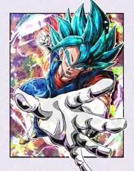 Rule 34 | 1boy, angry, arm up, blue eyes, blue hair, blue pants, boots, border, commentary request, dougi, dragon ball, dragon ball super, earrings, electricity, energy, gloves, highres, incoming attack, jewelry, looking at viewer, male focus, multicolored background, muscular, muscular male, open mouth, orange shirt, outside border, outstretched arm, pants, polka dot, polka dot background, potara earrings, raised fist, round teeth, shirt, simple background, solo, spiked hair, super saiyan, super saiyan blue, teeth, tongue, ushi (akabec0), v-shaped eyebrows, vegetto, white border, white footwear, white gloves