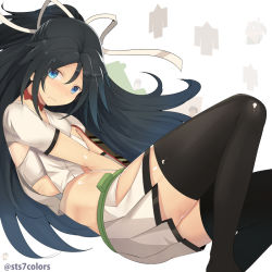 Rule 34 | 10s, 1girl, artist name, black hair, black thighhighs, blue eyes, blush, hair ribbon, jewelry, kantai collection, katsuragi (kancolle), looking at viewer, midriff, neck ring, pleated skirt, ribbon, short sleeves, simple background, skirt, solo, sts, thighhighs, wavy mouth, zettai ryouiki