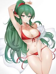 Rule 34 | 1girl, alternate costume, arm up, armpits, between legs, bikini, blush, breasts, cleavage, collarbone, covered erect nipples, cowboy shot, fire emblem, fire emblem awakening, fire emblem heroes, green eyes, green hair, groin, hair between eyes, hair ribbon, hand between legs, highres, large breasts, long hair, looking at viewer, navel, nintendo, pointy ears, ponytail, red bikini, ribbon, side-tie bikini bottom, simple background, smile, solo, string bikini, swimsuit, thigh gap, thighs, tiki (adult) (fire emblem), tiki (fire emblem), white background, yoru (yowuyoru)