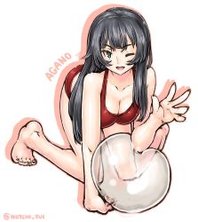 Rule 34 | 1girl, ;d, absurdres, agano (kancolle), ass, bad id, bad twitter id, bare shoulders, barefoot, black hair, blue eyes, breasts, character name, cleavage, collarbone, highres, kantai collection, long hair, looking at viewer, medium breasts, notchi, one eye closed, open mouth, simple background, smile, solo, twitter username, white background