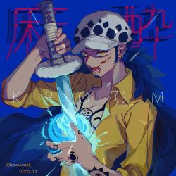 Rule 34 | 1boy, artist name, blood, blood on face, blue theme, demorzel, facial hair, hat, highres, holding, holding sword, holding weapon, male focus, one piece, open mouth, shirt, sleeves rolled up, solo, sword, tattoo, trafalgar law, weapon, yellow eyes, yellow shirt