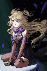 Rule 34 | 1girl, black gloves, blonde hair, breasts, bridal gauntlets, commentary, detached sleeves, eyepatch, fischl (genshin impact), genshin impact, gloves, green eyes, long hair, looking to the side, parted lips, rowya, single glove, sitting, small breasts, two side up