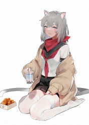 Rule 34 | 1girl, absurdres, alios arvin, animal ears, bandana, black sailor collar, black skirt, blue eyes, blush, brown sweater, bubble tea, cat ears, cat tail, commentary request, cup, drinking straw, facial hair, full body, grey hair, highres, holding, holding cup, long sleeves, looking at viewer, medium hair, miniskirt, neckerchief, off shoulder, open mouth, original, pleated skirt, red neckerchief, sailor collar, school uniform, serafuku, shirt, short sleeves, simple background, sitting, skirt, sleeve cuffs, sleeves past wrists, solo, sweater, tail, thighhighs, wariza, white background, white shirt, white thighhighs, zettai ryouiki