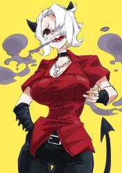 Rule 34 | 1girl, black horns, black pants, black tail, blowing smoke, bracer, breasts, choker, cigarette, collared shirt, commentary request, cross, cross necklace, demon girl, demon horns, demon tail, dress shirt, hair over one eye, hand in pocket, helltaker, highres, holding, holding cigarette, horns, jewelry, large breasts, lip piercing, looking at viewer, medium hair, necklace, nose piercing, oioidaddy, pants, piercing, red eyes, red shirt, sharp teeth, shirt, short sleeves, simple background, solo, tail, teeth, thigh gap, white shirt, zdrada (helltaker)