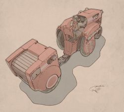 Rule 34 | 1boy, artist name, beige background, driving, from above, from behind, gaimoon, helmet, original, science fiction, tractor, vehicle focus