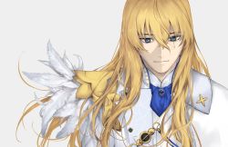 Rule 34 | 1boy, ascot, bishounen, blonde hair, blue eyes, cape, expressionless, fate/grand order, fate (series), feather trim, feathers, formal, hair between eyes, kirschtaria wodime, kouzuki kei, long hair, male focus, simple background, smile, solo, suit, upper body, white suit