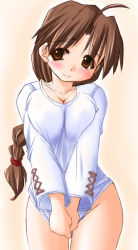 Rule 34 | 1girl, blush, bottomless, braid, breasts squeezed together, breasts, brown eyes, brown hair, cleavage, covering privates, covering crotch, large breasts, long hair, no panties, no pants, ryuuko no ken, shirt, shirt tug, single braid, snk, solo, standing, the king of fighters, tonpuu, very long hair, yuri sakazaki