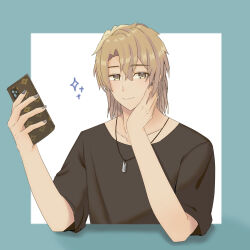 Rule 34 | 1boy, absurdres, batadora377, black shirt, brown eyes, brown hair, cellphone, grey nails, hair between eyes, hand up, highres, holding, holding phone, jewelry, looking at viewer, male focus, medium hair, nail polish, necklace, phone, shirt, smartphone, smile, solo, sparkle, togo fuga, uniteup!, upper body, white background