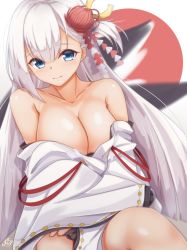 Rule 34 | 1girl, aiguillette, arms around waist, azur lane, bad id, bad pixiv id, bare shoulders, black gloves, blue eyes, blurry, blush, breasts, cleavage, closed mouth, collarbone, depth of field, eyeshadow, flower, gloves, hair between eyes, hair flower, hair ornament, hand on leg, head tilt, highres, japanese clothes, kimono, large breasts, long hair, looking at viewer, makeup, mole, mole under eye, off shoulder, partially fingerless gloves, ramchi, shiny skin, shoukaku (azur lane), sidelocks, signature, silver hair, smile, solo, tareme, thighs, wide sleeves