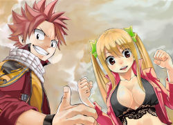 Rule 34 | 1boy, 1girl, blonde hair, breasts, cleaned, cleavage, cloud, fairy tail, highres, jacket, looking at viewer, lucy heartfilia, mashima hiro, natsu dragneel, official art, open clothes, open jacket, pink hair, scarf, smile, spiked hair, twintails, wristband