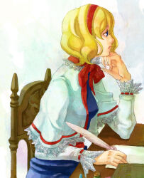 Rule 34 | 1girl, alice margatroid, blonde hair, blue dress, blue eyes, book, bow, bowtie, breasts, capelet, closed mouth, dress, from side, hair between eyes, hairband, hand on own chin, highres, hiitan, holding, holding quill, lace-trimmed capelet, lace-trimmed sleeves, lace trim, long sleeves, medium breasts, on chair, paper, quill, red bow, red bowtie, red hairband, red ribbon, ribbon, ribbon-trimmed sleeves, ribbon trim, short hair, sitting, solo, touhou, upper body, white capelet, wooden chair, wooden desk