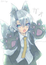 Rule 34 | 1girl, adapted costume, animal ears, animal hands, asymmetrical hair, black vest, chicken99, commentary request, cowboy shot, dress shirt, flipped hair, gloves, grey eyes, highres, kantai collection, long sleeves, necktie, nowaki (kancolle), official alternate costume, one-hour drawing challenge, paw gloves, pleated skirt, shirt, silver hair, skirt, solo, swept bangs, tail, vest, white shirt, wolf ears, wolf tail, yellow necktie
