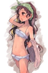 Rule 34 | 1girl, arm up, blue bra, blue panties, bow, bow bra, bow panties, bra, brown eyes, brown hair, cowboy shot, green towel, groin, hand in own hair, isuzu (log horizon), log horizon, long hair, mo (deciliter), navel, open mouth, panties, sketch, solo, standing, towel, towel on head, underwear, underwear only, very long hair, wet, white background