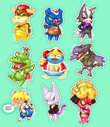 Rule 34 | animal crossing, bowser, clothed pokemon, creatures (company), crossover, crown, dj octavio, donkey kong (series), donkey kong country, english text, formal, game freak, ganon, gen 1 pokemon, green eyes, highres, king dedede, king k. rool, kirby (series), legendary pokemon, mario (series), meta ridley, metroid, mewtwo, mother (game), multiple crossover, nintendo, pokemon, pokemon (creature), porky minch, purple eyes, red eyes, ridley, splatoon (series), star fox, suit, super mario bros. 1, the legend of zelda, trait connection, wolf o&#039;donnell, yellow eyes