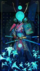 Rule 34 | 1girl, absurdres, armor, dominik mayer, flower, helmet, highres, japanese armor, japanese clothes, kabuto (helmet), katana, moon, samurai, solo, sword, weapon