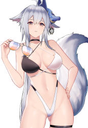Rule 34 | 1girl, absurdres, animal ears, azur lane, bare shoulders, bikini, black bikini, black choker, breasts, choker, cleavage, commentary request, fox ears, fox mask, fox tail, gluteal fold, hair between eyes, halterneck, highleg, highres, large breasts, liangfen, long hair, looking at viewer, mask, mask on head, navel, simple background, solo, swimsuit, tail, thigh strap, tosa (azur lane), tosa (hometown zest) (azur lane), two-tone bikini, white background, white bikini