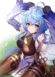 Rule 34 | 1girl, ahoge, arms up, bell, black pantyhose, blue hair, blush, breasts, chinese knot, detached sleeves, flower knot, flying sweatdrops, ganyu (genshin impact), gao kawa, genshin impact, gold trim, highres, horn grab, horns, long hair, looking at viewer, medium breasts, neck bell, pantyhose, purple eyes, revision, sidelocks, sitting, solo, thighlet, thighs, vision (genshin impact), wariza, white sleeves
