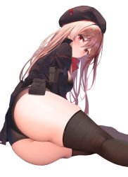 Rule 34 | 1girl, ass, ass focus, breasts, brown hair, curvy, goddess of victory: nikke, hat, highres, huge ass, large breasts, long hair, looking at viewer, lying, military, military hat, military uniform, on side, rapi (nikke), red eyes, shorts, simple background, sitting, solo, thick thighs, thighhighs, thighs, uniform, white background, wide hips, yukishiro arte