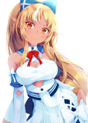 Rule 34 | 1girl, blonde hair, blue bow, bow, breasts, cleavage, cleavage cutout, clothing cutout, dark-skinned female, dark skin, detached sleeves, dress, hair bow, halterneck, highres, hololive, konsoramoon, large breasts, looking at viewer, orange eyes, pointy ears, ponytail, shiranui flare, shiranui flare (1st costume), sidelocks, sleeveless, sleeveless dress, smile, solo, virtual youtuber, white background, white dress, white hair, white sleeves