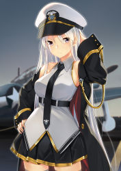 Rule 34 | 1girl, aircraft, airplane, arm up, azur lane, bad id, bad pixiv id, black necktie, blush, breasts, closed mouth, coat, cowboy shot, enterprise (azur lane), grey thighhighs, hand on own hip, hat, highres, jun project, large breasts, looking at viewer, military, military uniform, miniskirt, necktie, open clothes, open coat, peaked cap, pleated skirt, purple eyes, silver hair, skirt, solo, thighhighs, uniform, zettai ryouiki