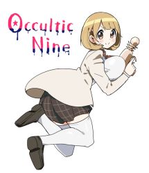 Rule 34 | &gt;:), 10s, 1girl, breasts, brown eyes, brown footwear, brown hair, brown necktie, brown skirt, copyright name, energy gun, english text, from side, full body, hair ornament, hairclip, holding, large breasts, loafers, long sleeves, narusawa ryouka, necktie, occultic;nine, plaid, plaid skirt, ray gun, shoes, skirt, solo, striped necktie, striped neckwear, thighhighs, tonmoh, trigger discipline, v-shaped eyebrows, weapon, white background, white thighhighs