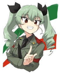 Rule 34 | 10s, 1girl, :d, anchovy (girls und panzer), black ribbon, black shirt, blush, commentary request, crossed arms, dress shirt, drill hair, eyebrows, fang, girls und panzer, green hair, grey jacket, hair between eyes, hair ornament, hair ribbon, head tilt, highres, jacket, long hair, long sleeves, makaze (t-junction), military, military uniform, necktie, open mouth, pointing, pointing up, red eyes, ribbon, shirt, shoulder belt, simple background, smile, solo, twin drills, twintails, uniform, upper body