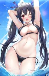 Rule 34 | 1girl, ;d, armpits, arms behind head, arms up, bikini, black bikini, black hair, blue ribbon, blush, breasts, chou megami shinkou noire gekishin black heart, choujigen game neptune, cleavage, compile heart, cowboy shot, day, excited, from below, giga-tera, gluteal fold, groin, hair ribbon, happy, idea factory, long hair, looking at viewer, looking down, medium breasts, navel, neptune (series), noire (neptunia), noirewet swimsuit, ocean, one eye closed, open mouth, outdoors, red eyes, ribbon, side-tie bikini bottom, sky, sling bikini top, slouds, smile, solo, string bikini, sunlight, swimsuit, thighs, tsundere, twintails, underboob, very long hair, wading, water, wet, wet clothes, wet hair