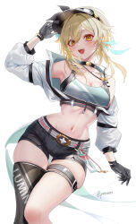 Rule 34 | 1girl, :d, absurdres, alternate costume, black gloves, black shorts, black thighhighs, blonde hair, breasts, commentary request, crop top, cropped jacket, flower, genshin impact, gloves, hair flower, hair ornament, highres, jacket, lumine (genshin impact), medium breasts, navel, open mouth, pottsness, short hair with long locks, short shorts, shorts, single thighhigh, smile, thigh strap, thighhighs, visor cap, white background, white jacket, yellow eyes