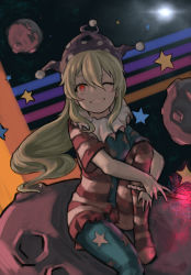 Rule 34 | 1girl, american flag dress, blonde hair, clownpiece, floating hair, foot out of frame, grin, hat, highres, hua ha jiazi, jester cap, long hair, looking at viewer, neck ruff, one eye closed, pantyhose, red eyes, smile, solo, star-shaped pupils, star (symbol), sun, symbol-shaped pupils, touhou, very long hair