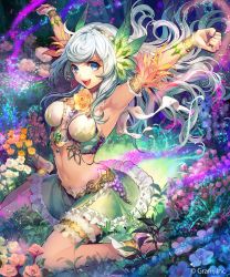 Rule 34 | 1girl, :d, anklet, armpits, arms up, barefoot, blue eyes, field, flower, flower field, hairband, jewelry, long hair, navel, open mouth, shingoku no valhalla gate, silver hair, sitting, skirt, smile, solo, umiu geso, wariza