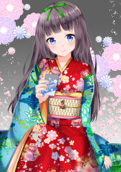 Rule 34 | 1girl, blue eyes, blue nails, blush, bow, breasts, brown hair, commentary request, fingernails, floral print, flower, green bow, hair bow, haori, head tilt, highres, holding, japanese clothes, kimono, long hair, long sleeves, looking at viewer, misaki (misaki86), nail polish, nengajou, new year, obi, original, pink flower, print kimono, purple flower, red kimono, sash, sleeves past wrists, small breasts, solo, very long hair, white flower, wide sleeves