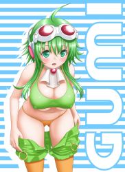 Rule 34 | 1girl, blush, breasts, character name, cleavage, covered erect nipples, goggles, goggles on head, green eyes, green hair, gumi, large breasts, leaning forward, long hair, matching hair/eyes, gumi (v3 megpoid), short hair with long locks, solo, t2r, undressing, vocaloid