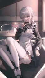 Rule 34 | 1girl, absurdres, apron, bad id, bad pixiv id, black collar, black dress, black nails, closed mouth, collar, commentary request, domi (hongsung0819), dress, ear piercing, feet out of frame, flower, frilled apron, frills, garter straps, grey eyes, hair between eyes, highres, indoors, jewelry, knees up, long sleeves, looking at viewer, maid, maid apron, multiple rings, nail polish, neck ribbon, original, piercing, plant, potted plant, red flower, red rose, ribbon, ring, rose, short hair, sitting, solo, thighhighs, white apron, white hair, white ribbon, white thighhighs, yellow flower