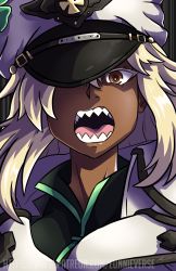 Rule 34 | 1girl, cape, close-up, commentary, dark-skinned female, dark skin, english commentary, eunnieverse, guilty gear, guilty gear strive, hat, hat over one eye, high collar, highres, long hair, open mouth, orange eyes, peaked cap, platinum blonde hair, portrait, ramlethal valentine, sharp teeth, solo, teeth, watermark
