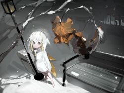 Rule 34 | 1girl, antennae, barefoot, bench, blonde hair, chinese commentary, closed mouth, commentary request, dress, expressionless, from above, full body, grey sailor collar, highres, leaf, long sleeves, medium hair, night, original, outdoors, sailor collar, sailor dress, snow, solo, vihua6, white dress, winter, yellow eyes