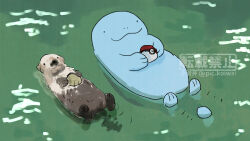 Rule 34 | . ., afloat, animal focus, creatures (company), from above, game freak, gen 2 pokemon, holding, holding poke ball, lying, nintendo, no humans, otter, outdoors, partially submerged, pic koiwai, poke ball, poke ball (basic), pokemon, pokemon (creature), quagsire, smile, twitter username, water, watermark