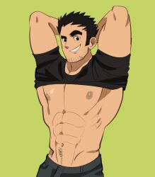Rule 34 | 1boy, abs, arms behind head, bara, bare pectorals, beard stubble, black hair, cowboy shot, facial hair, green background, highres, huge eyebrows, large pectorals, lifting own clothes, lighter art, looking at viewer, lucas lee, male focus, muscular, muscular male, navel, navel hair, nipples, pectorals, raised eyebrow, scott pilgrim (series), scott pilgrim takes off, shirt, short hair, short sleeves, sideways mouth, smile, solo, sparse navel hair, stomach, stubble, t-shirt, tight clothes, tight shirt, v-taper