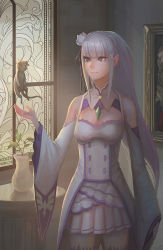 Rule 34 | 10s, 1girl, dress, emilia (re:zero), flower, hair flower, hair ornament, hairclip, indoors, long hair, looking at another, outstretched hand, pack (re:zero), painting (object), pointy ears, puck (re:zero), re:zero kara hajimeru isekai seikatsu, grey eyes, silver hair, smile, standing, vase, white dress, wide sleeves, window, yagaminoue