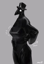 Rule 34 | 1girl, arrow (symbol), bebebe, black capelet, black gloves, black hat, black robe, breasts, capelet, clothes pull, covered face, female focus, from side, gloves, grey background, hat, highres, large breasts, mask, original, plague doctor, plague doctor mask, pulling own clothes, robe, signature, simple background, solo, standing, top hat