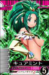 Rule 34 | 00s, 1girl, akimoto komachi, ass, blush, bow, breasts, collarbone, cure mint, detached sleeves, from behind, functionally nude, green background, green eyes, green hair, hair bow, hair ornament, hassaku (rapidangel), heart, heart hair ornament, large breasts, long hair, long sleeves, looking at viewer, lowres, nipples, ponytail, precure, smile, standing, yes! precure 5