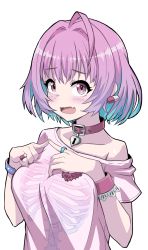 Rule 34 | 1girl, ahoge, aqua hair, blush, bracelet, collar, earrings, eyelashes, fang, hair intakes, halulu, highres, idolmaster, idolmaster cinderella girls, index fingers together, jewelry, lock, looking at viewer, multicolored hair, open mouth, oversized clothes, pill earrings, pink eyes, pink hair, pink shirt, red collar, ring, shirt, short hair, simple background, single wrist cuff, skin fang, solo, steepled fingers, t-shirt, two-tone hair, upper body, wavy mouth, white background, wrist cuffs, yumemi riamu