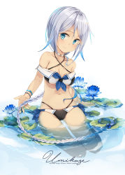 Rule 34 | 10s, 1girl, adapted costume, bikini, blue eyes, blue flower, bracelet, braid, breasts, character name, collar, collarbone, flower, halterneck, holding, holding own hair, jewelry, kantai collection, lily pad, long hair, malachite, medium breasts, mole, mole under eye, partially submerged, silver hair, single braid, smile, solo, swimsuit, umikaze (kancolle), very long hair, water
