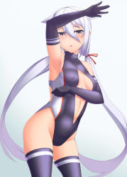 Rule 34 | 1girl, arm up, armpits, black eyes, blush, breasts, cameltoe, covered erect nipples, elbow gloves, front zipper swimsuit, gloves, gradient background, highleg, long hair, looking at viewer, medium breasts, meme attire, myouan, one-piece swimsuit, original, purple eyes, shirakami itsuki, solo, standing, swimsuit, thighhighs, twintails, very long hair, white hair