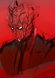 Rule 34 | 1boy, blue eyes, covered face, dorohedoro, heart, highres, jacket, male focus, mask, mo (mocopo), necktie, red background, red theme, sanpaku, shin (dorohedoro), simple background, solo, upper body