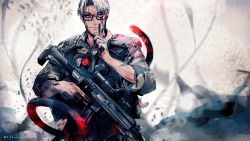 Rule 34 | 1boy, apex legends, arurandeisu, bad id, bad pixiv id, facial hair, glasses, goatee, grey hair, gun, holding, holostars, hotate rayan, looking at viewer, male focus, open mouth, short hair, smile, solo, virtual youtuber, weapon