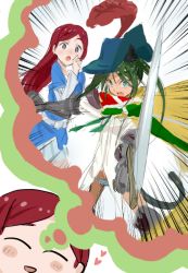 Rule 34 | &gt;:d, 2girls, :d, animal ears, aqua eyes, blush, cape, cat ears, cat tail, closed eyes, emphasis lines, fang, feathers, francesca lucchini, green hair, hat, hat feather, heart, holding, holding sword, holding weapon, homare (homaredai), imagining, long hair, long sleeves, maria pier di romagna, multiple girls, open mouth, panties, purple eyes, red hair, smile, strike witches, striped clothes, striped panties, sword, tail, thought bubble, twintails, underwear, v-shaped eyebrows, weapon, world witches series
