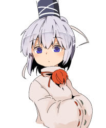 Rule 34 | 1girl, blue eyes, closed mouth, grey hair, hands in opposite sleeves, hat, looking at viewer, mononobe no futo, moyazou (kitaguni moyashi seizoujo), ribbon-trimmed sleeves, ribbon trim, short hair, simple background, solo, tate eboshi, touhou, upper body, white background