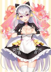 Rule 34 | animal ears, breasts, commentary request, fake animal ears, fang, hair between eyes, hair ornament, haruyuki 14, heart, heart hands, highres, hourei tenten, maid headdress, melty+, mole, mole on breast, mole under eye, open mouth, purple eyes, silver hair, solo, thighhighs, virtual youtuber, white thighhighs