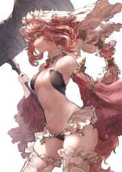 Rule 34 | 1girl, axe, battle axe, bikini, black bikini, braid, breasts, brooch, curly hair, detached sleeves, expressionless, floating hair, frills, from side, highres, holding, holding axe, ito (silva), jewelry, long hair, looking to the side, medium breasts, navel, original, pink hair, simple background, solo, standing, swimsuit, weapon, white background
